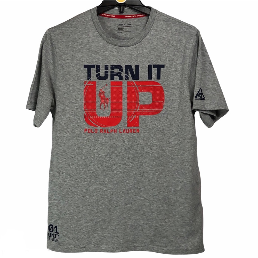 Ralph Lauren Performance Tee Shirt Grey Blue & Red Boys Size XL EUC